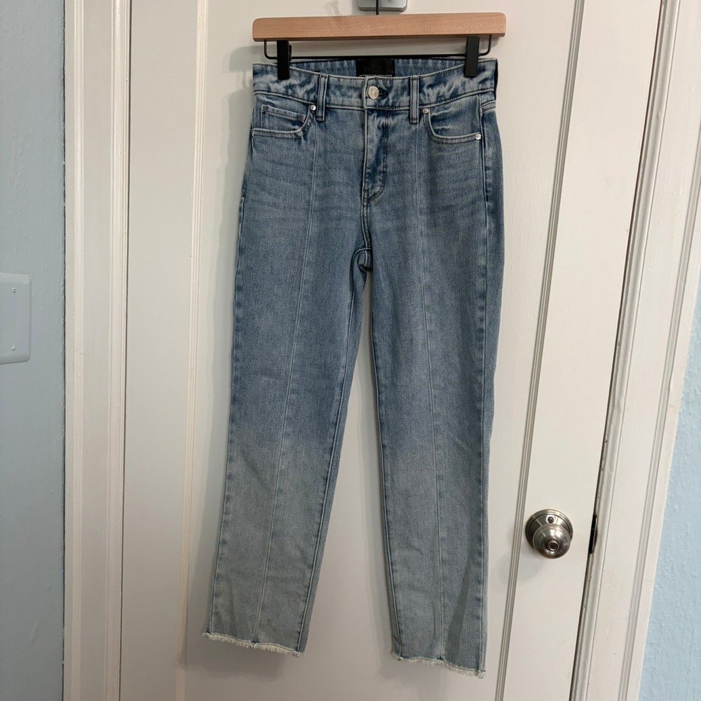 WHBM High-Rise Straight Jeans Size 00 Light Wash Raw Slit Hem Pintuck - Picture 2 of 14